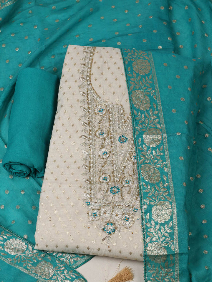 Embroidered Chanderi Unstitched Suit With Pant &amp; Dupatta