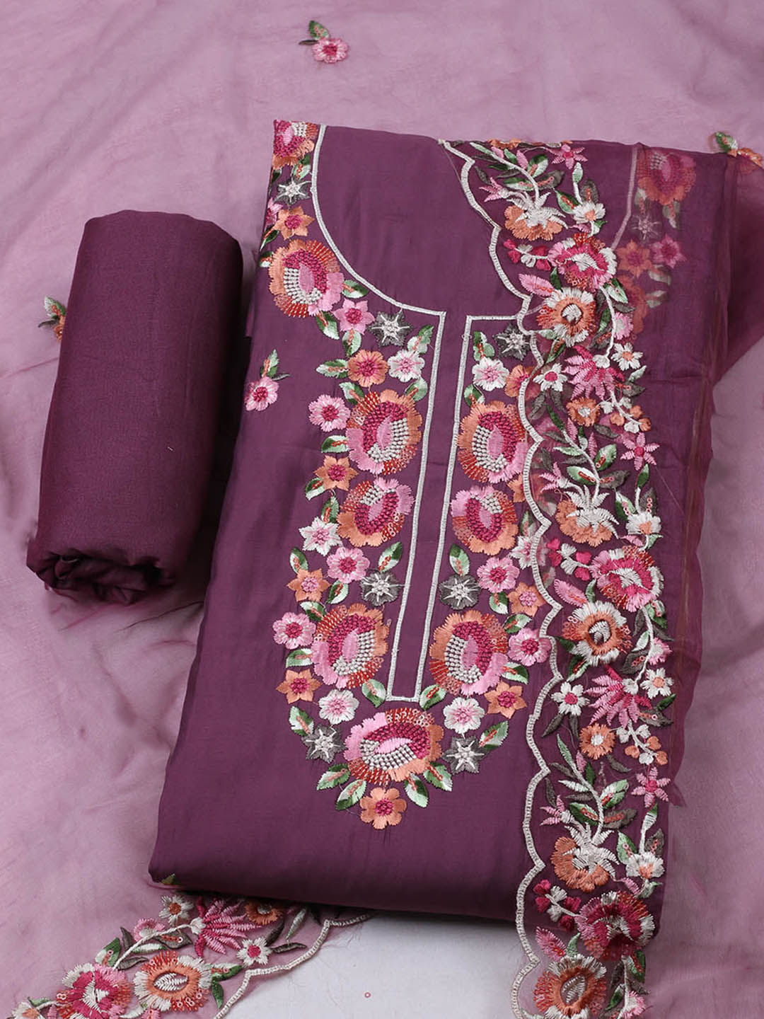 Embroidered Chanderi Unstitched Suit With Pant &amp; Dupatta