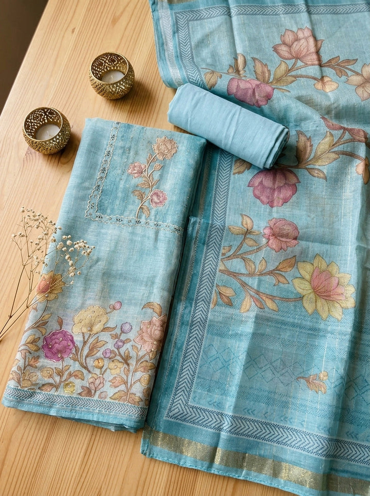 Embroidered Linen Blend Unstitched Suit With Pant &amp; Dupatta