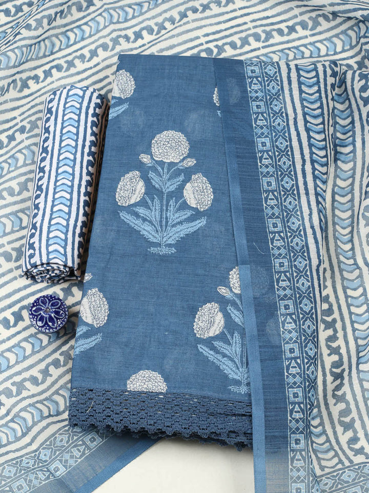 Printed Cotton Blend Unstitched Suit With Pant &amp; Dupatta