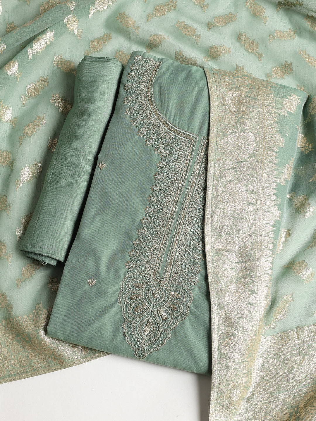 Embroidered Chanderi Unstitched Suit With Dupatta
