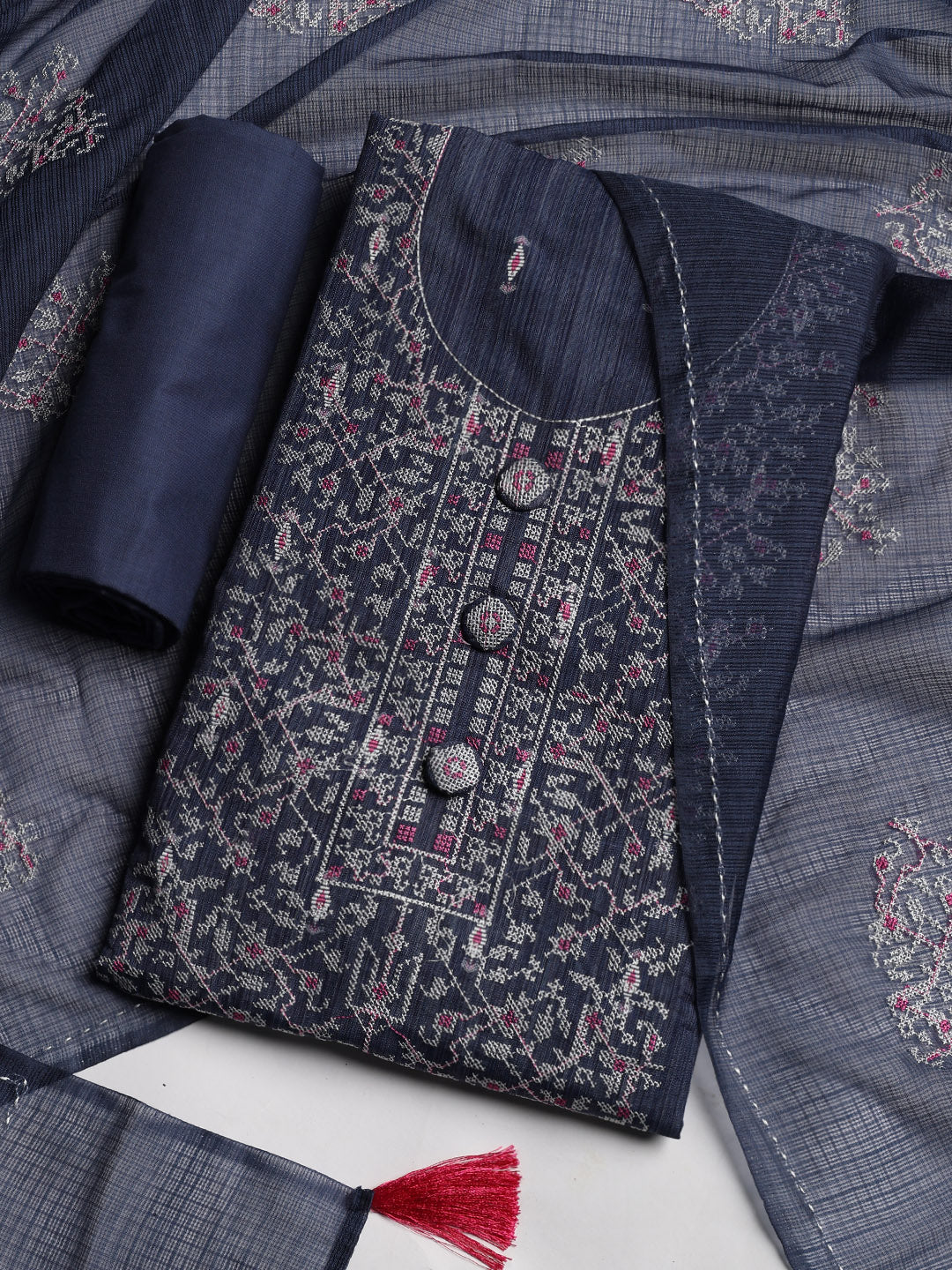 Neck Embroidered Cotton Blend Unstitched Suit With Dupatta