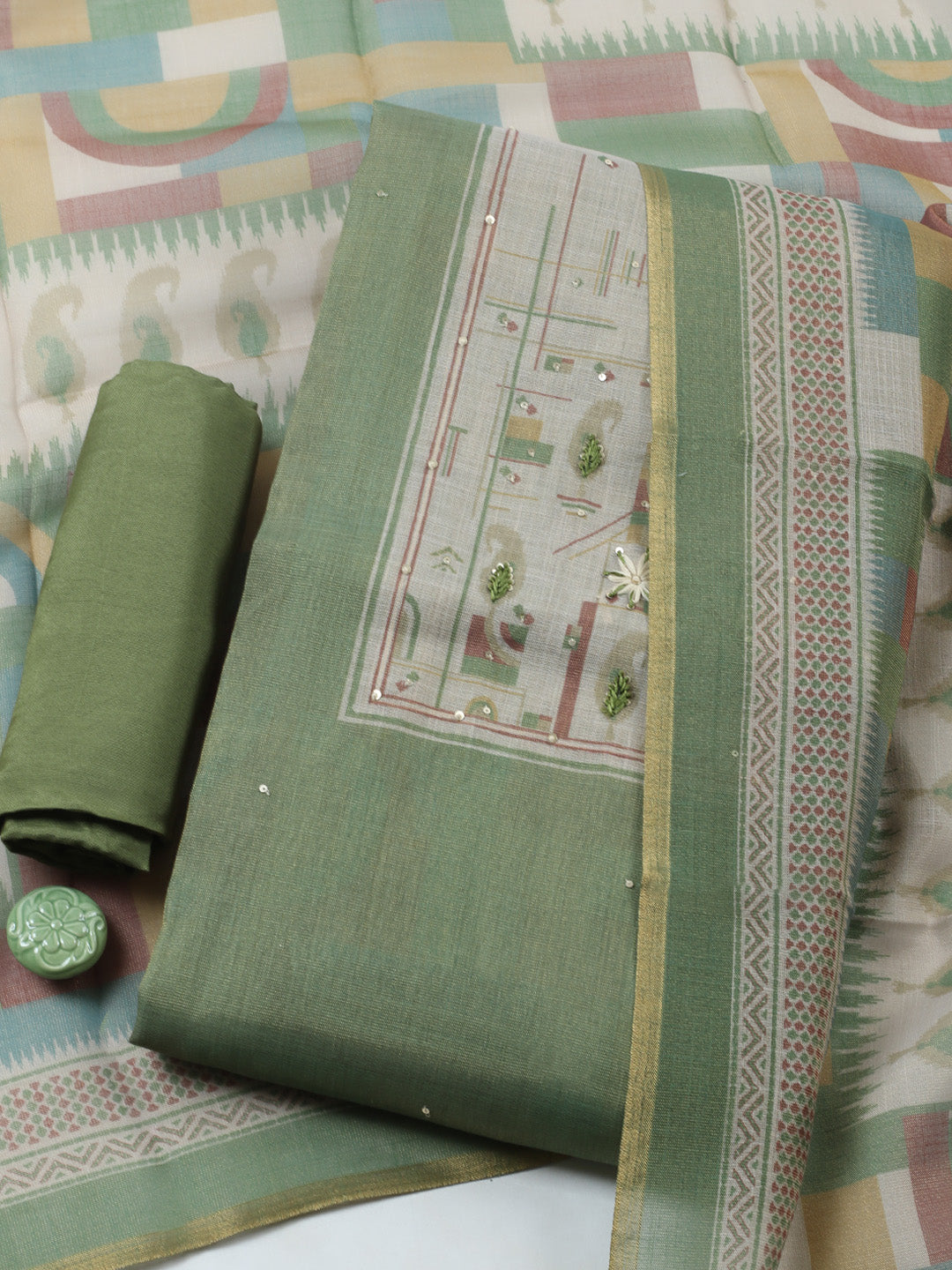 Printed Linen Blend Unstitched Suit With Pant &amp; Dupatta