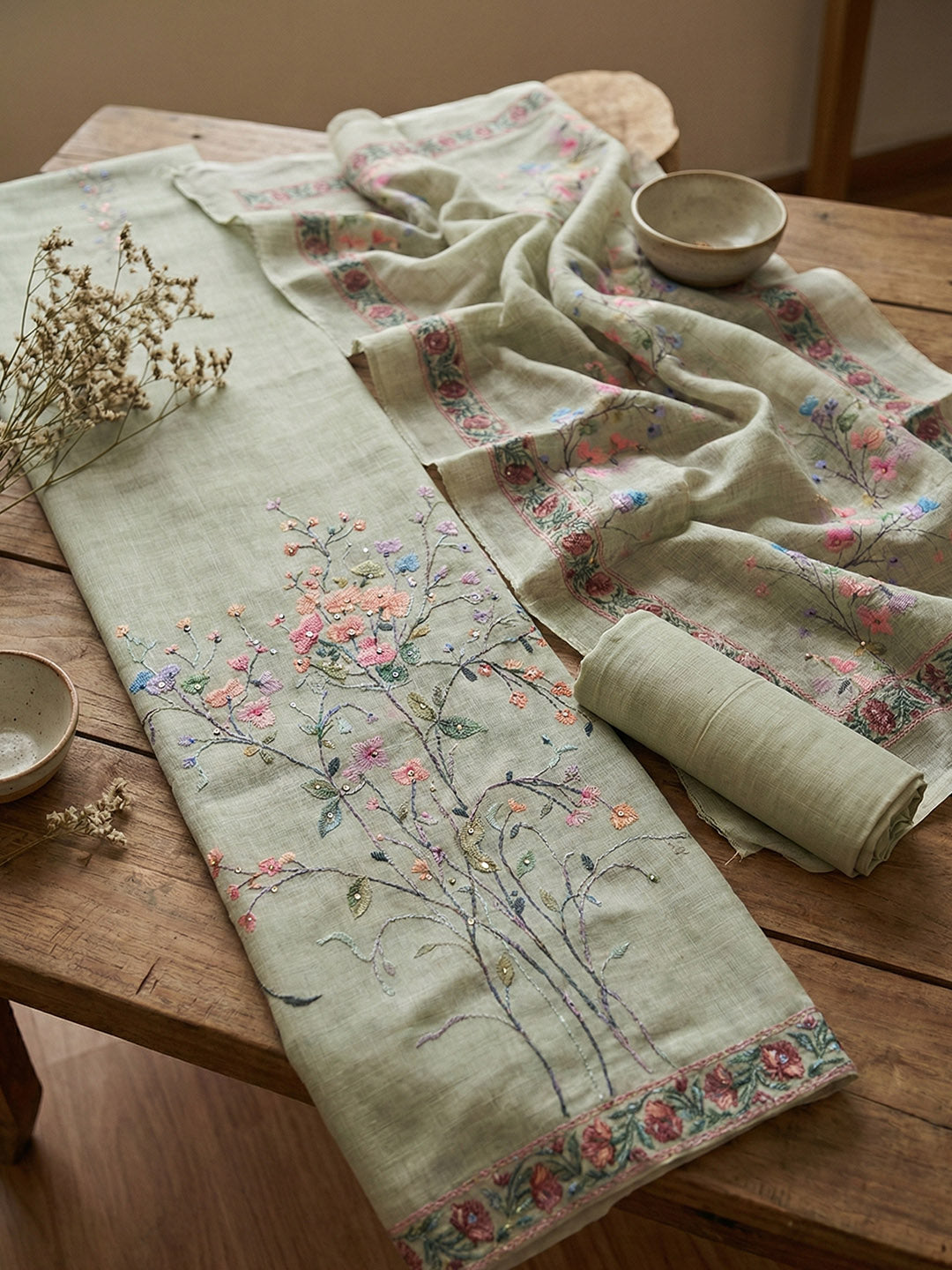 Embroidered Cotton Blend Unstitched Suit With Pant &amp; Dupatta
