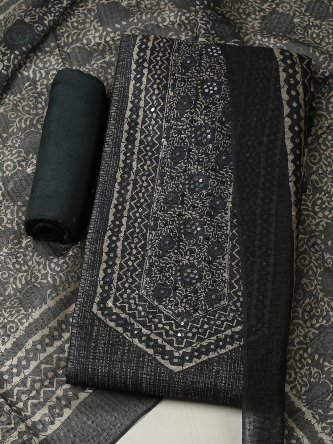 Printed Chanderi Unstitched Suit With Pant &amp; Dupatta
