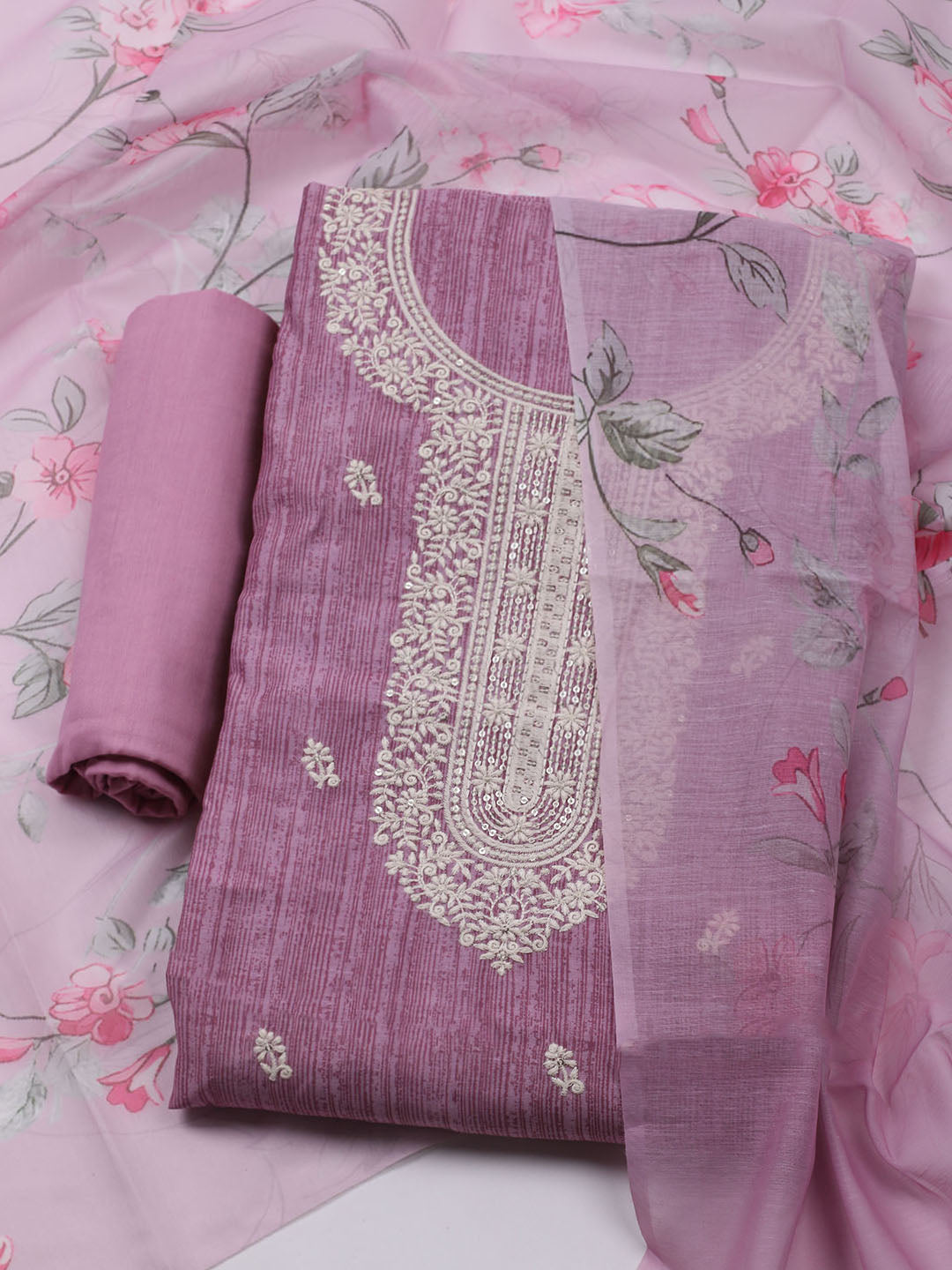 Embroidered Chanderi Unstitched Kurta With Pant & Dupatta