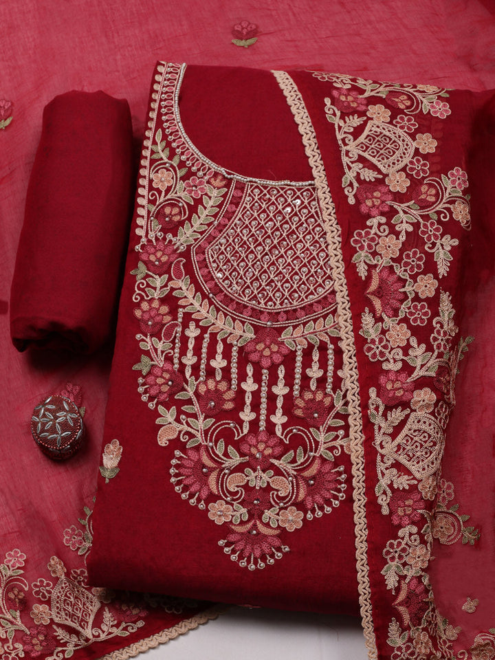 Embroidered Cotton Blend Unstitched Suit With Pant &amp; Dupatta