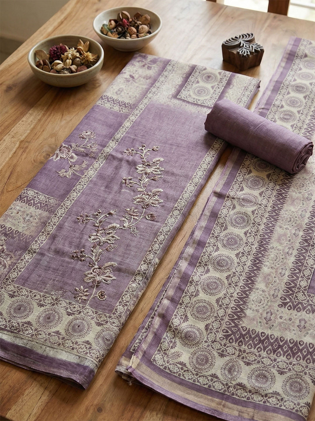 Embroidered Linen Blend Unstitched Suit With Pant &amp; Dupatta
