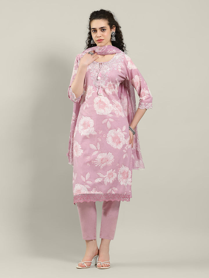 Printed Cotton Blend Kurta With Pants &amp; Dupatta