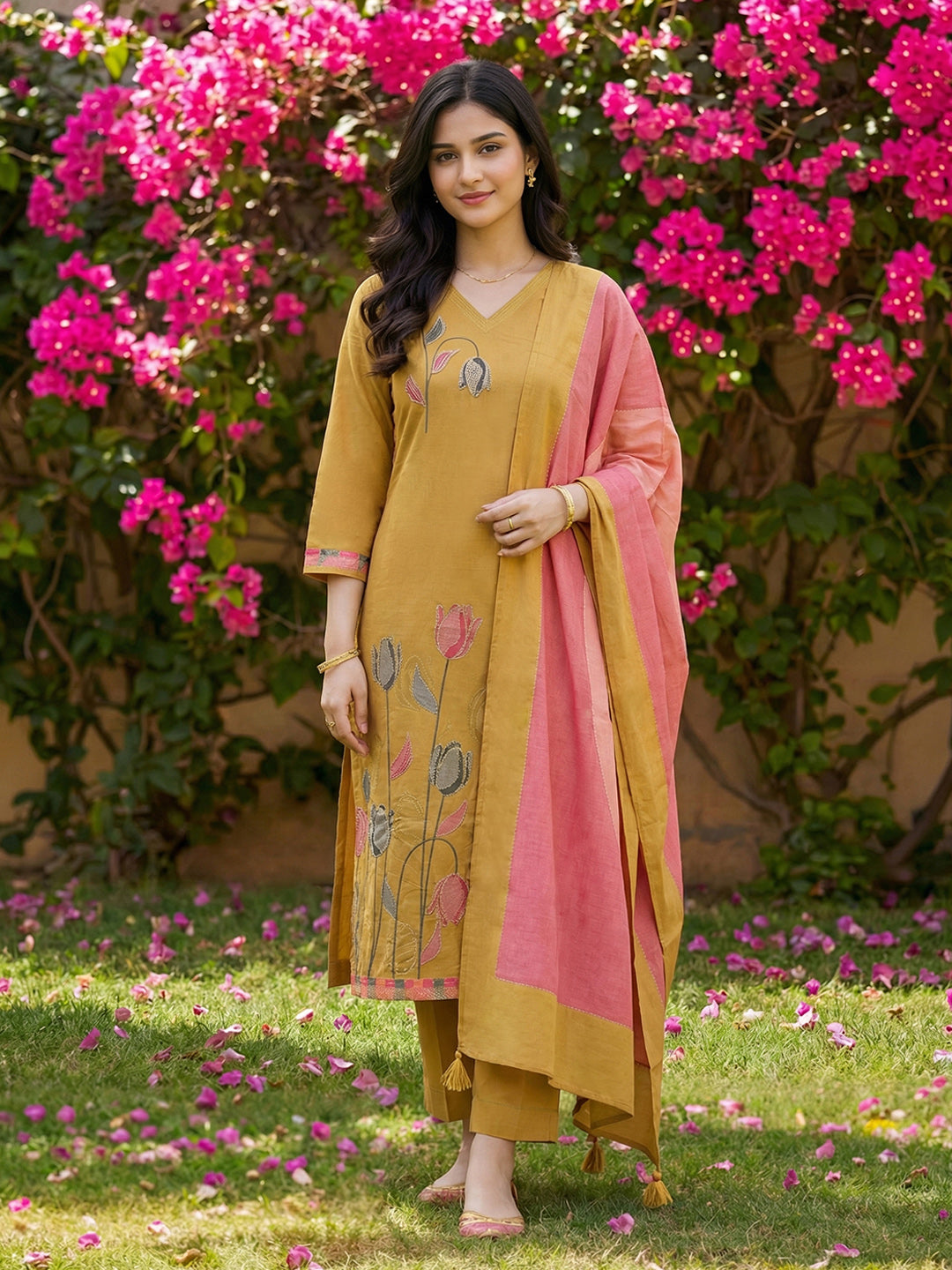 Embroidered Cotton Blend Kurta With Pant &amp; Dupatta