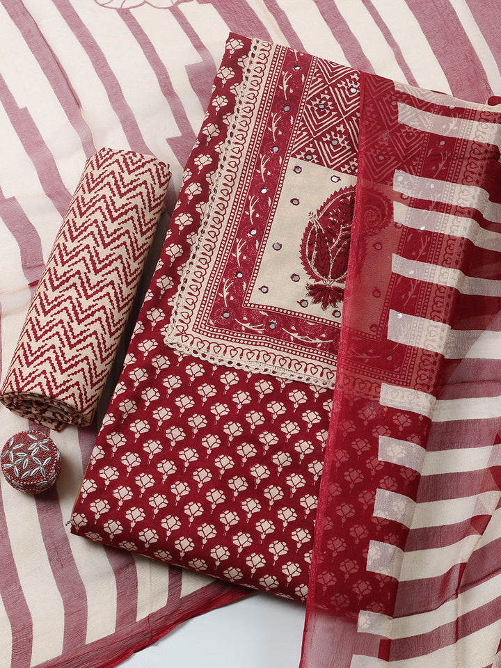 Embroidered Cotton Blend Unstitched Suit With Pant &amp; Dupatta