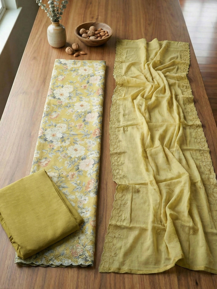 Embroidered, Cotton Blend Unstitched Suit With Pant &amp; Dupatta