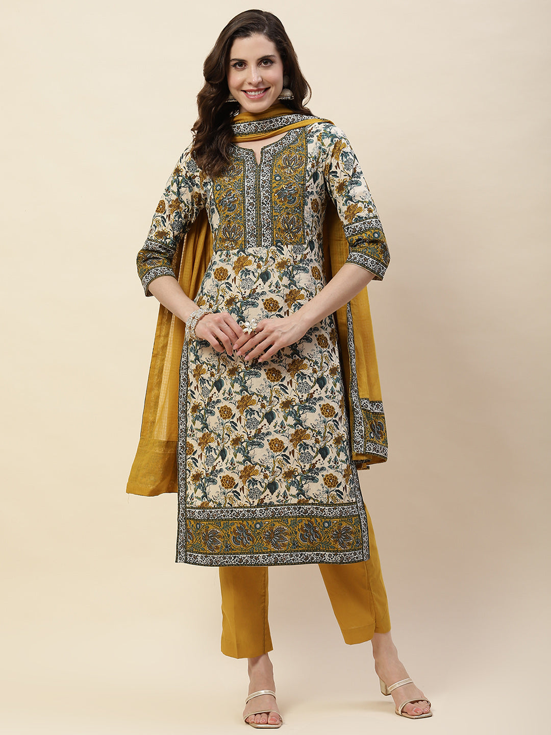 Floral Printed Cotton Kurta With Pants & Dupatta