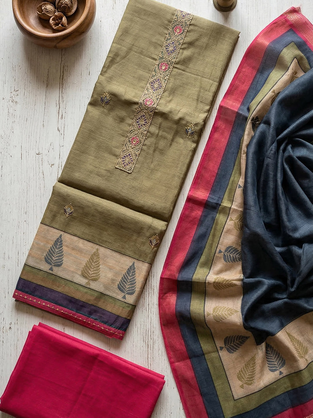 Embroidered Chanderi Unstitched Suit With Pant &amp; Dupatta