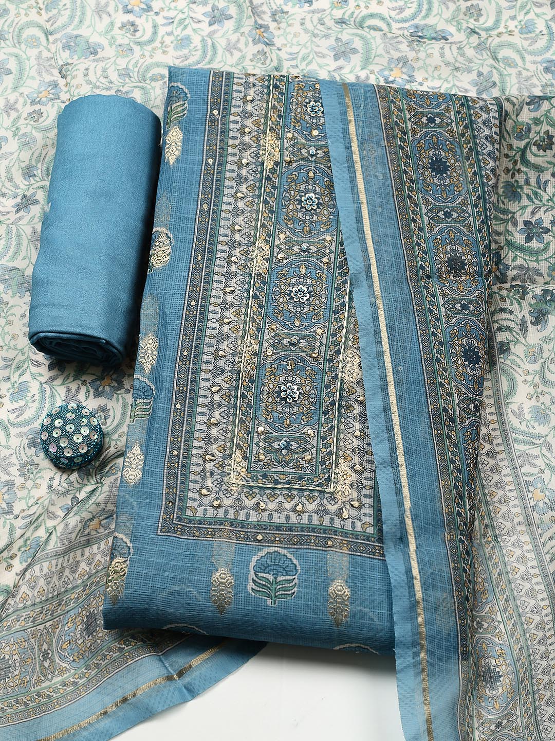 Embroidered Linen Blend Unstitched Suit With Pant &amp; Dupatta