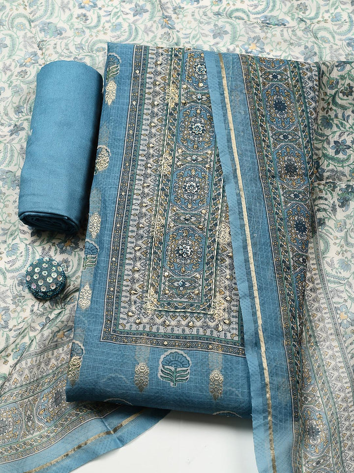 Embroidered Linen Blend Unstitched Suit With Pant &amp; Dupatta