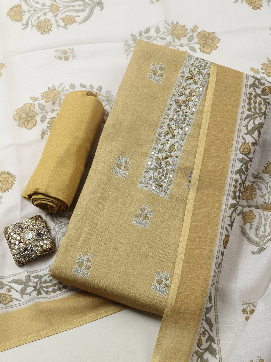 Embroidered Cotton Blend Unstitched Suit With Pant &amp; Dupatta