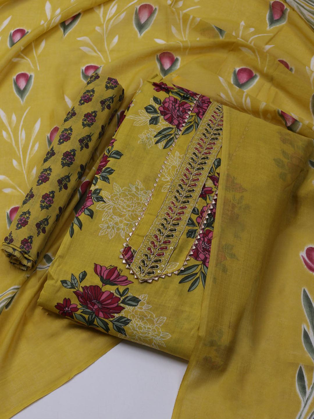 Printed Cotton Blend Unstitched Suit With Dupatta