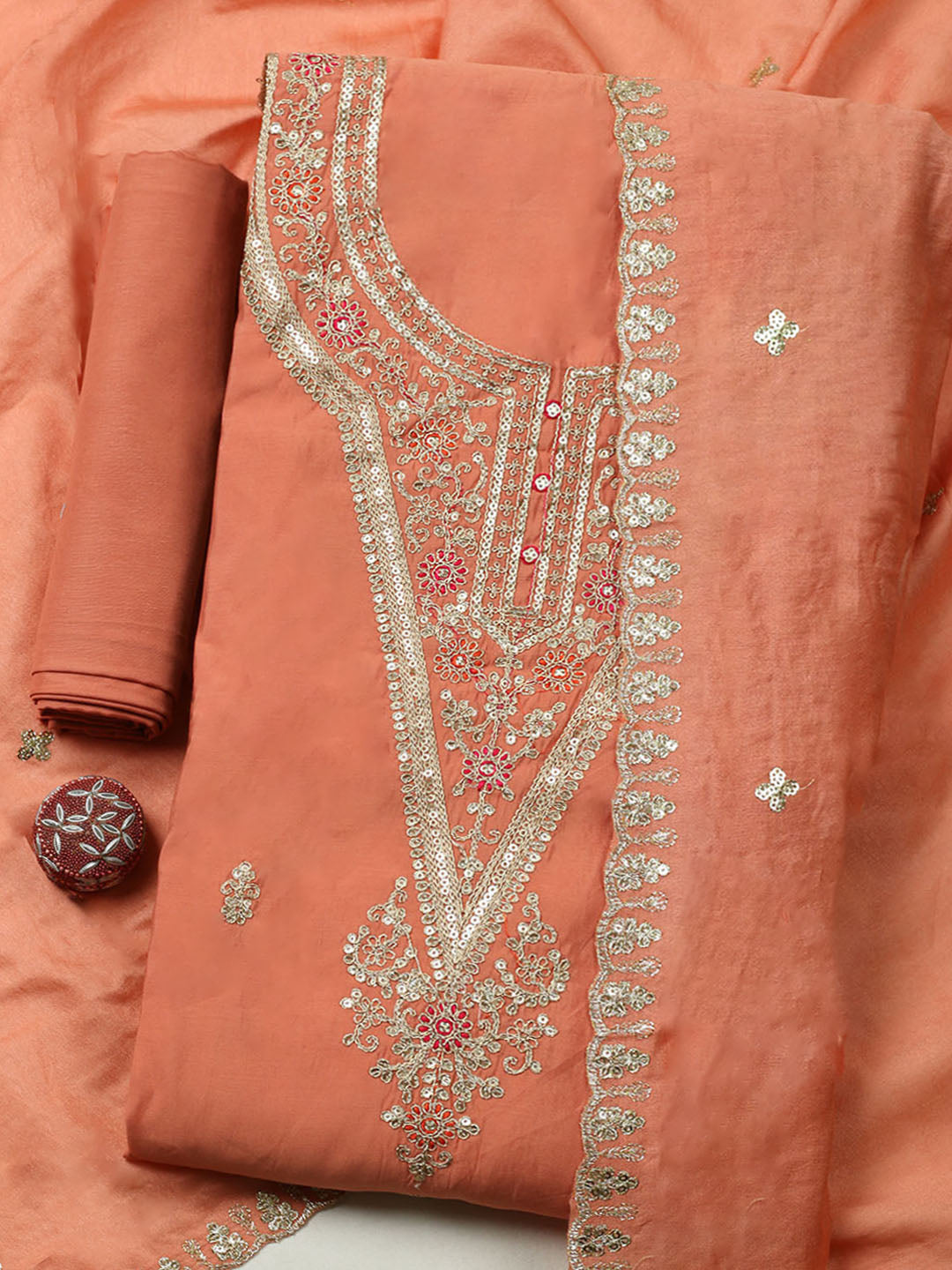 Embroidered Chanderi Unstitched Suit With Pant &amp; Dupatta