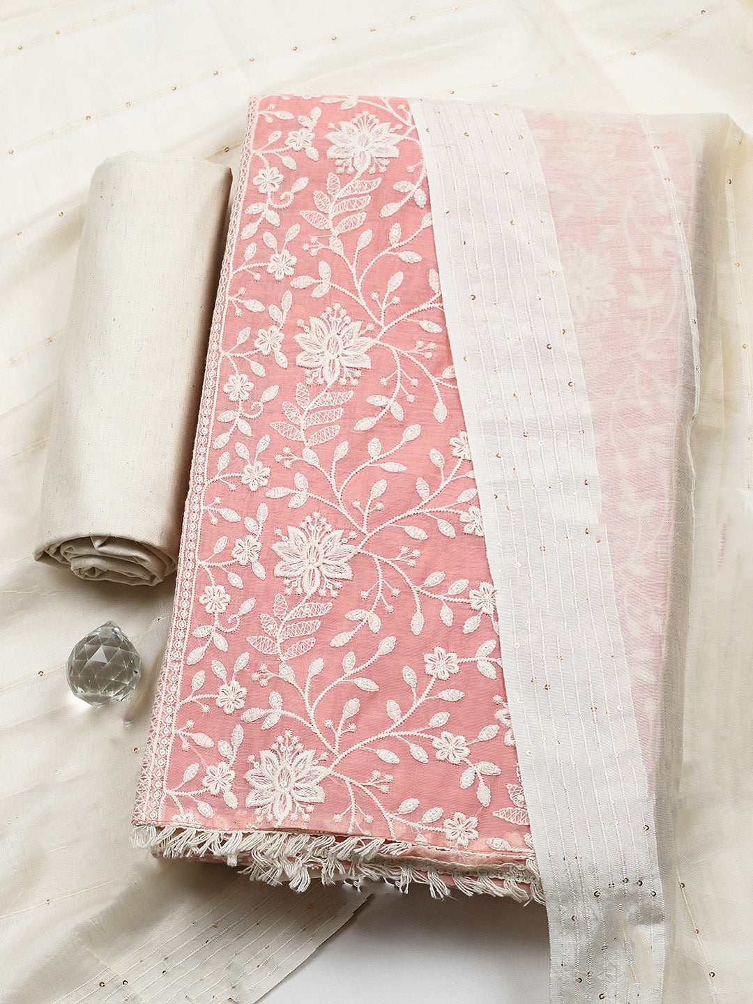 Embroidered Cotton Blend Unstitched Suit With Pant &amp; Dupatta