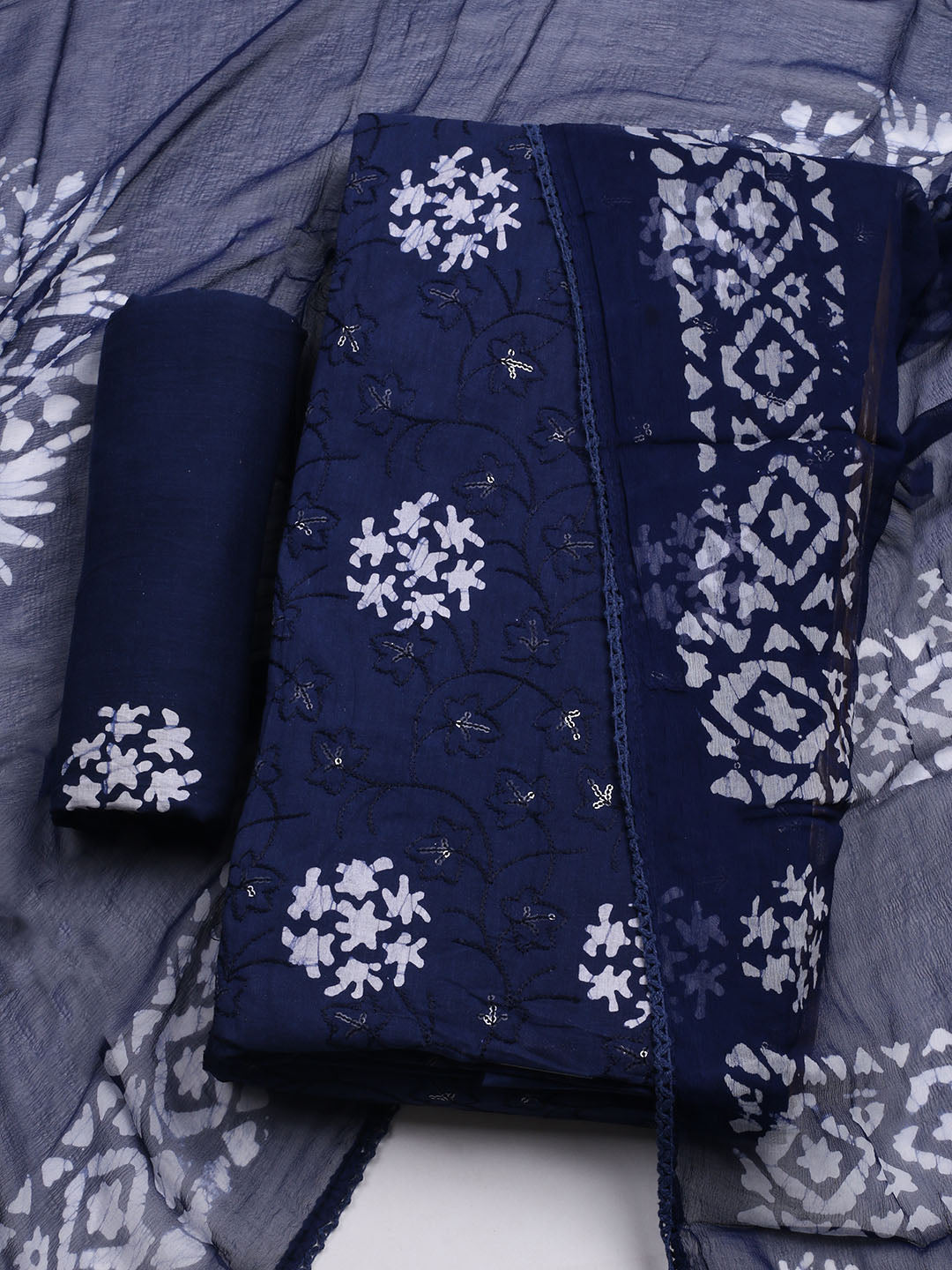 Printed Cotton Blend Unstitched Kurta With Pant &amp; Dupatta
