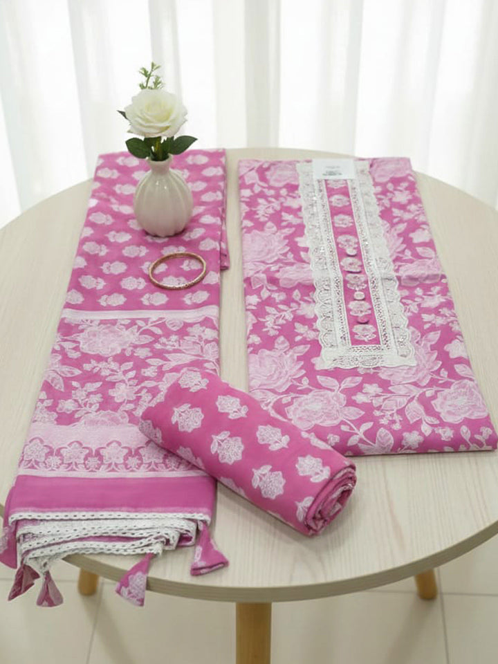 Printed Cotton Blend Unstitched Suit With Pant &amp; Dupatta
