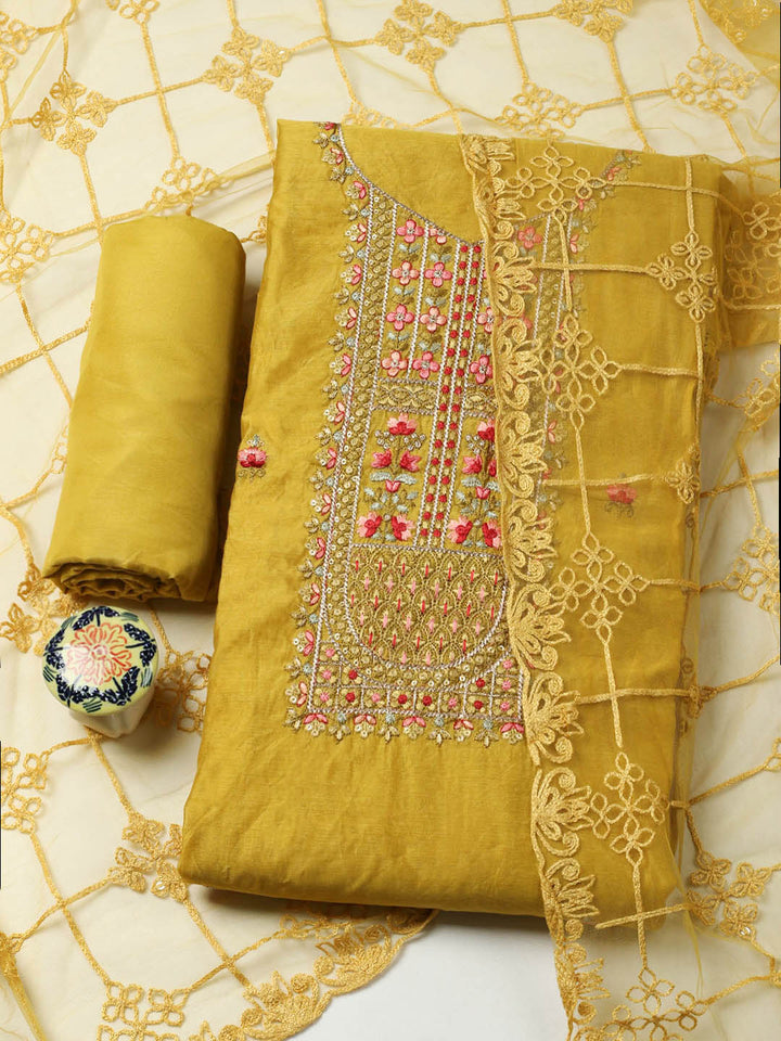 Embroidered Chanderi Unstitched Suit With Pant &amp; Dupatta
