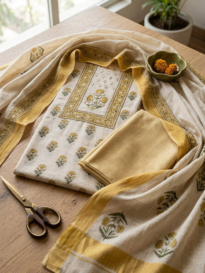 Printed Cotton Blend Unstitched Suit With Pant &amp; Dupatta