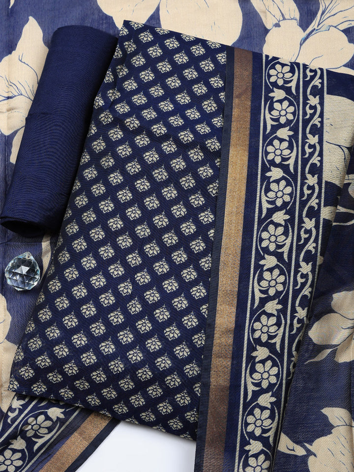 Printed Chanderi Unstitched Suit With Pant &amp; Dupatta
