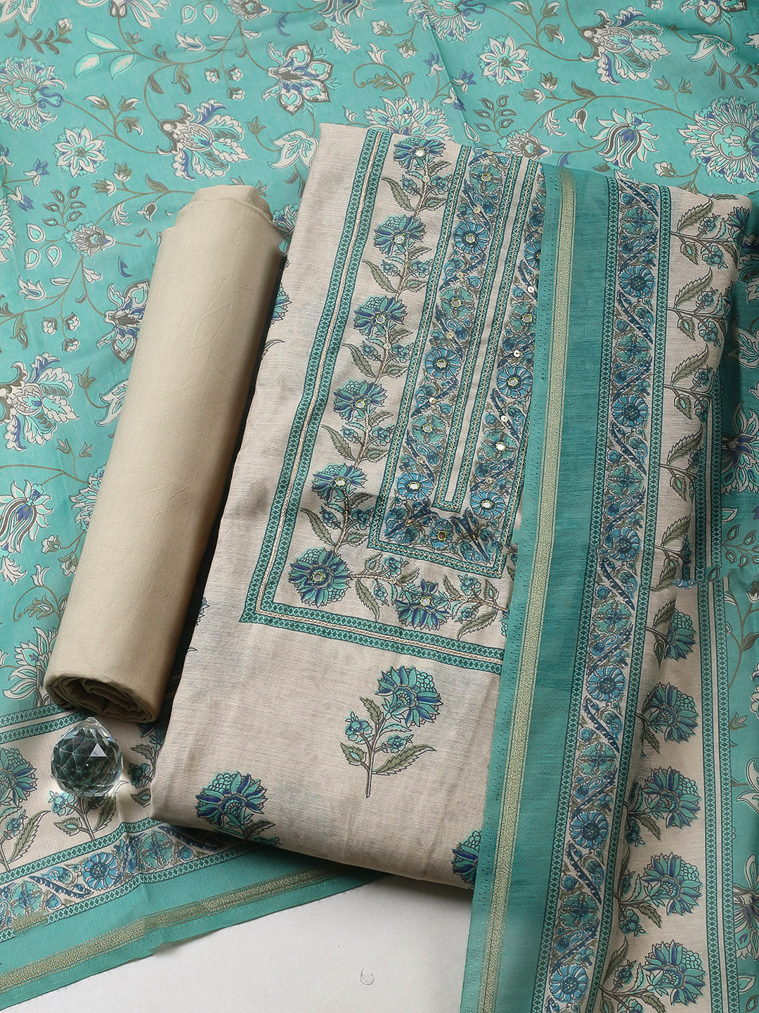 Printed Chanderi Unstitched Suit With Pant &amp; Dupatta
