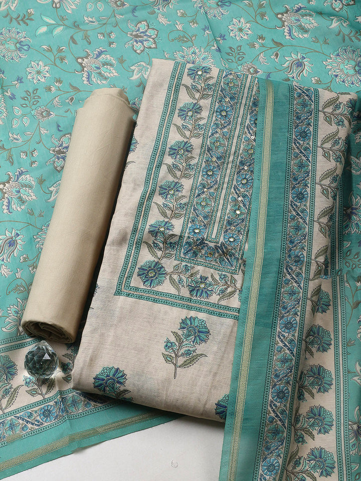 Printed Chanderi Unstitched Suit With Pant &amp; Dupatta