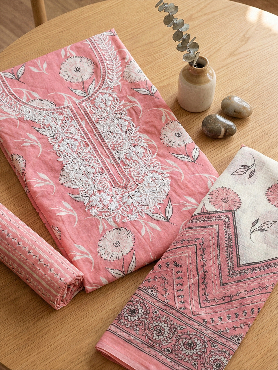 Embroidered Cotton Blend Unstitched Suit With Pant &amp; Dupatta