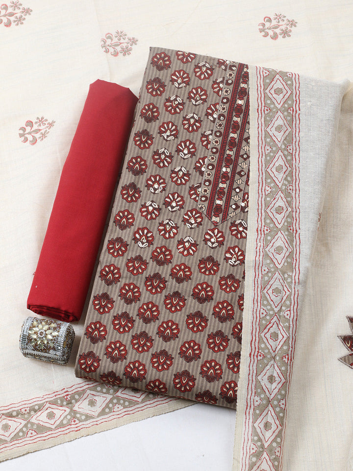 Printed Cotton Blend Unstitched Suit With Pant &amp; Dupatta