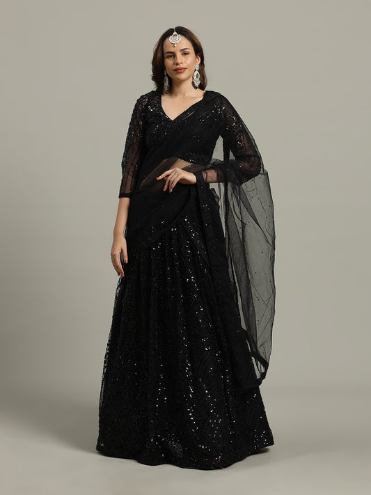 Sequin Embroidery Net Choli With Lehenga & Dupatta