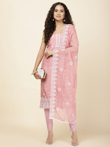 Embroidered Booti Chanderi Unstitched Suit With Dupatta