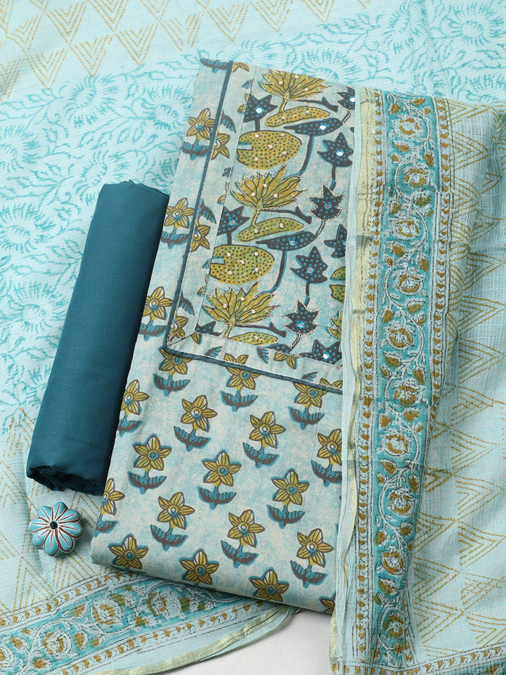 Printed Cotton Blend Unstitched Suit With Pant &amp; Dupatta