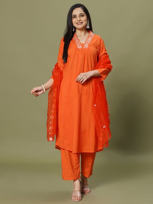 Neck Embroidered Cotton Blend Kurta With Pant & Dupatta