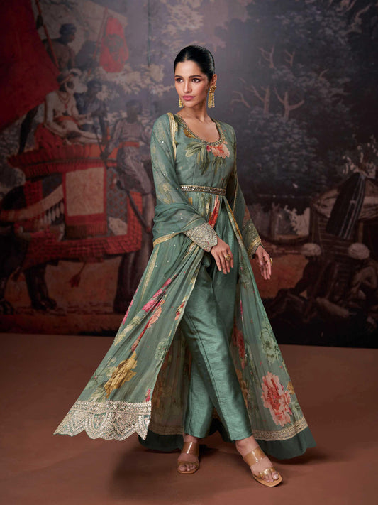 Embroidered Sequin Georgette Kurta With Pant And Dupatta