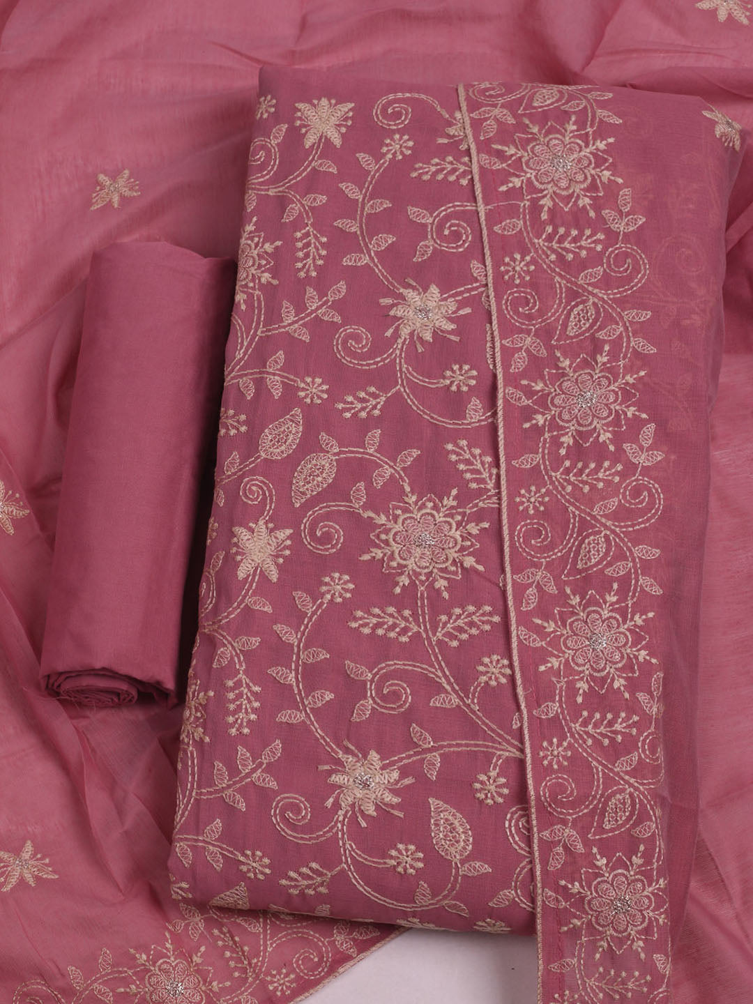 Embroidered Chanderi Unstitched Suits Casual Suit With Pant &amp; Dupatta