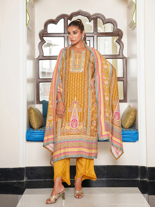 Sequins Embroidery Muslin Kurta With Pants & Dupatta