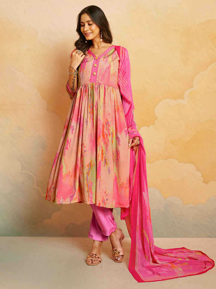 Printed Crepe Unstitched Suit With Pant &amp; Dupatta