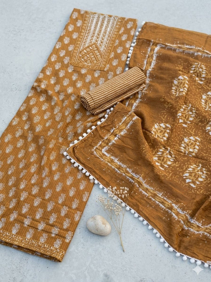 Embroidered Cotton Blend Unstitched Suit With Pant &amp; Dupatta
