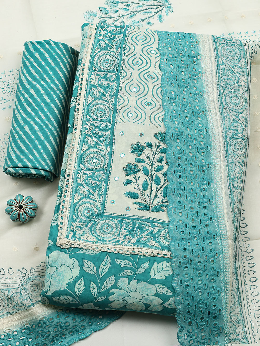 Printed Cotton Blend Unstitched Suit With Pant &amp; Dupatta