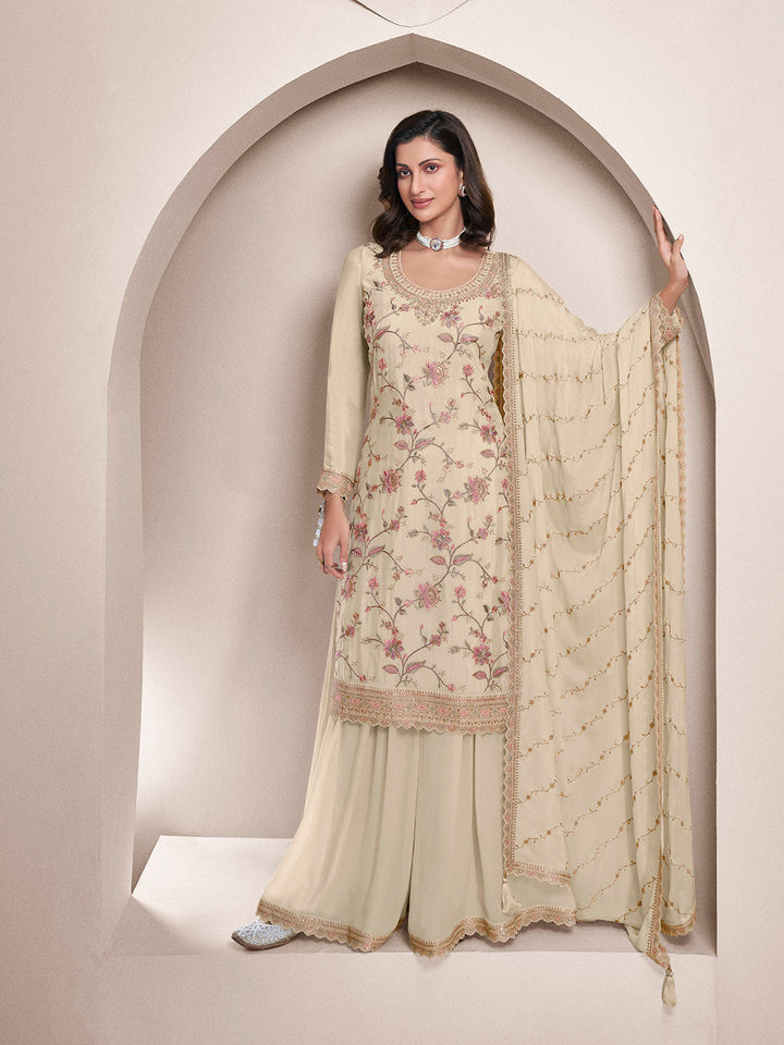 Embroidered Chinon Unstitched Suit With Pant &amp; Dupatta