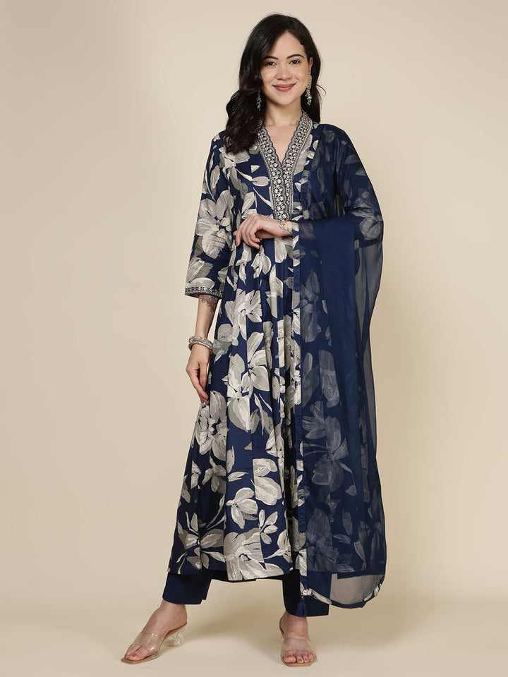 Printed Cotton Blend Kurta With Pants &amp; Dupatta