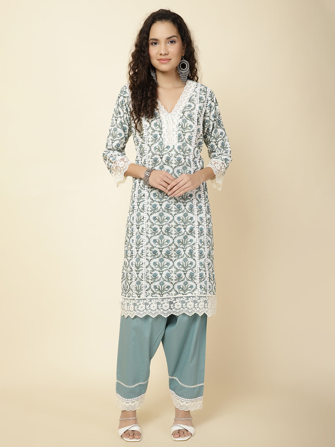 Printed & Panel Embroidery Cotton Kurta With Pants