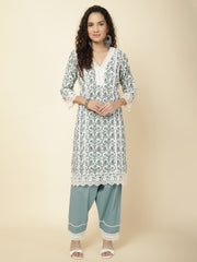 Printed & Panel Embroidery Cotton Kurta With Pants