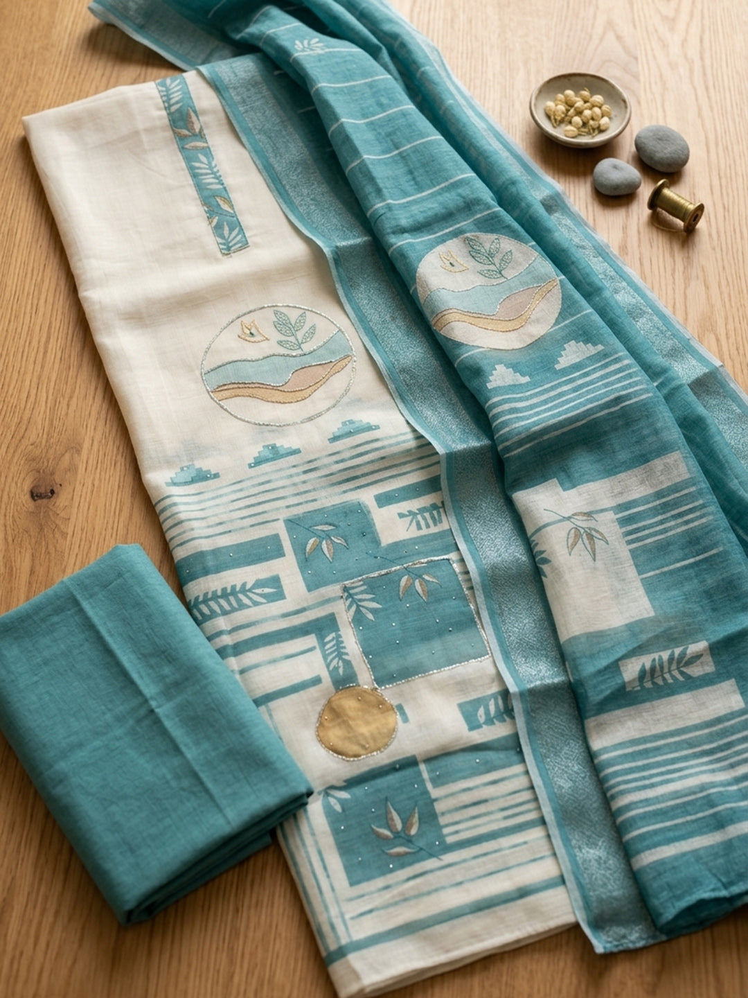 Embroidered Linen Blend Unstitched Suit With Pant &amp; Dupatta