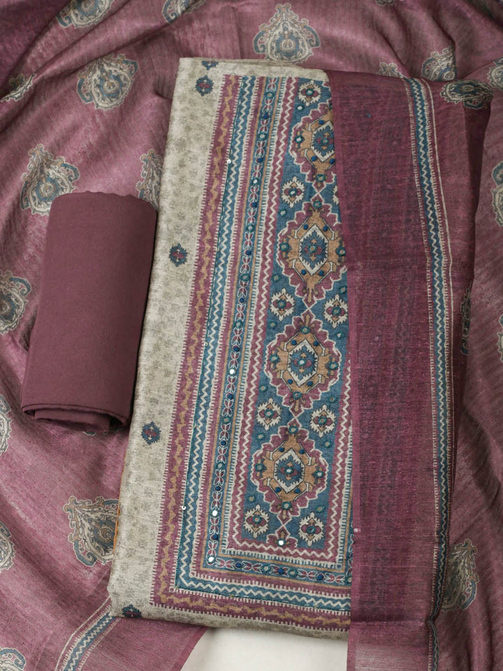 Printed Chanderi Unstitched Suit With Pant &amp; Dupatta