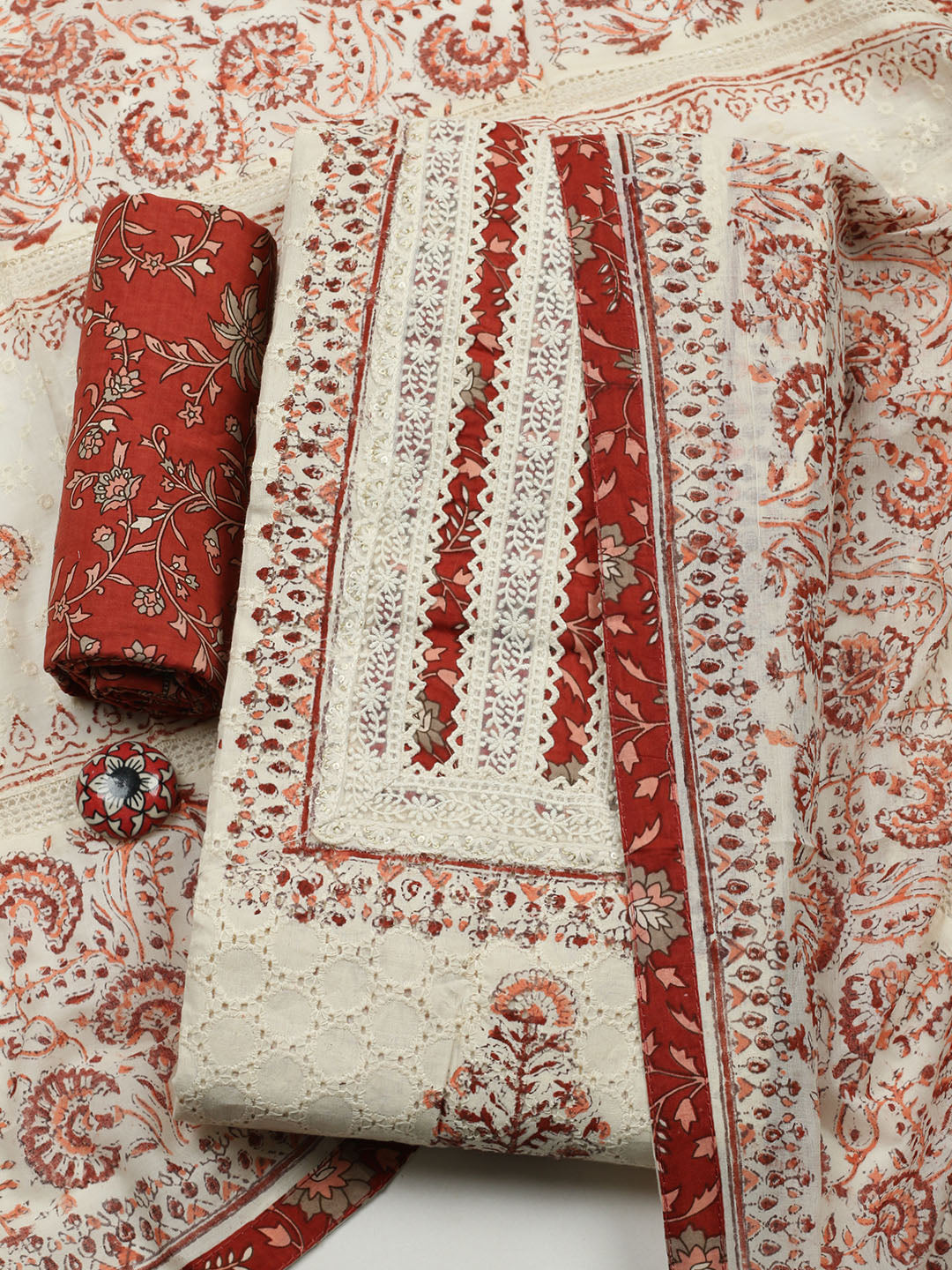 Printed Cotton Blend Unstitched Suit With Pant &amp; Dupatta